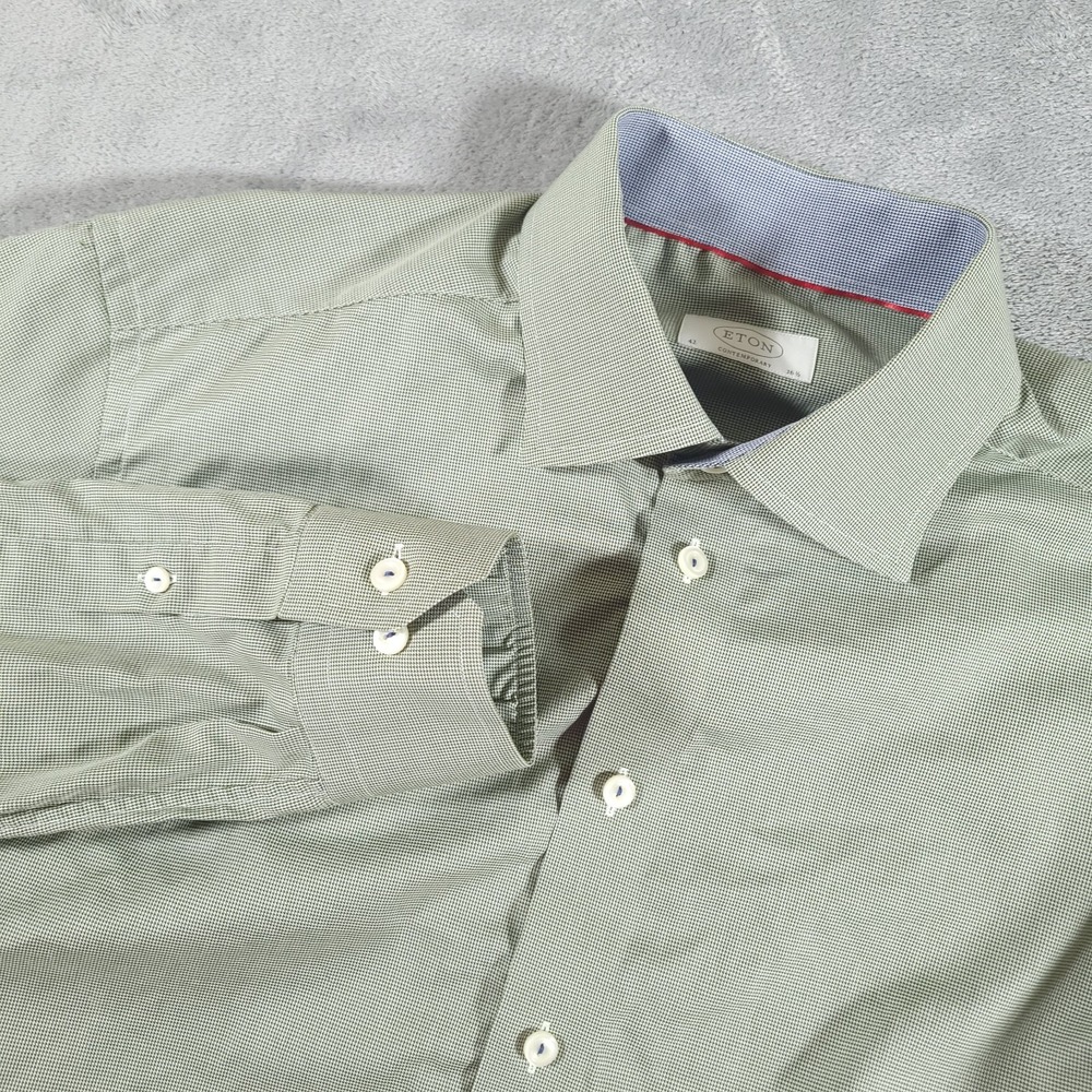 Eton Dress Shirt Mens 16.5 42 Green Micro Check Contemporary Fit Long Sleeve